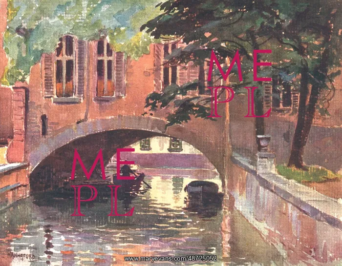 : Bruges. This painting shows a figure rowing a boat under an arched building : Bruges. This painting shows a figure rowing a boat under an arched building