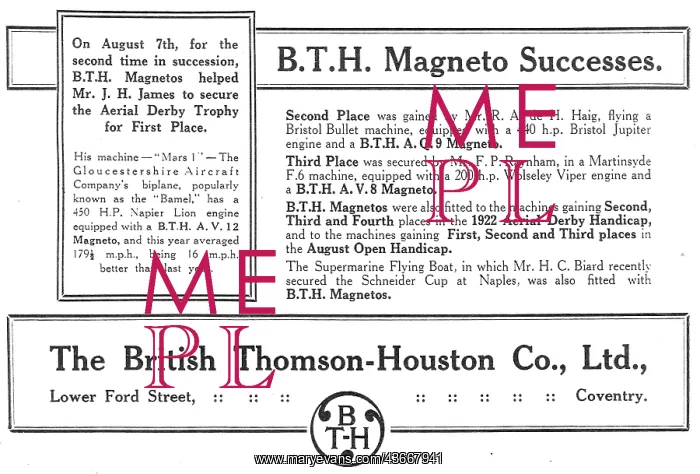 : BTH Aero-Engine Magneto Successes : BTH Aero-Engine Magneto Successes
