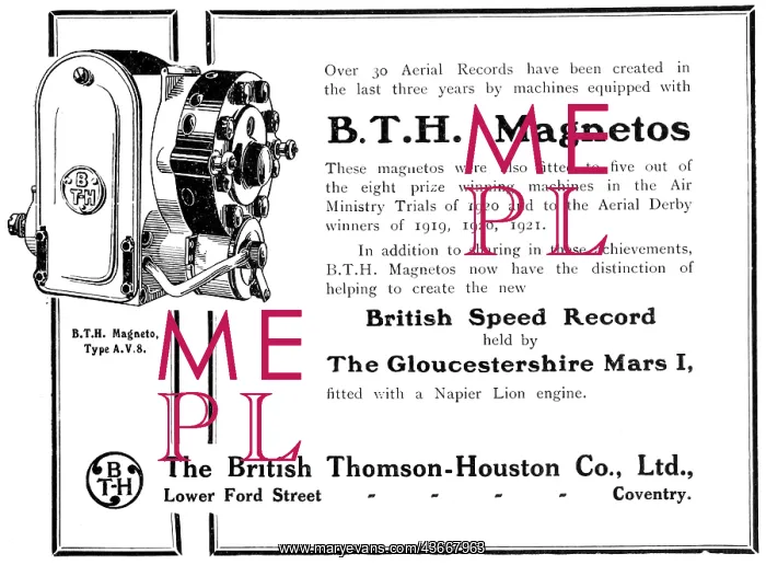 : BTH Magnetos 1922 Advert : BTH Magnetos 1922 Advert