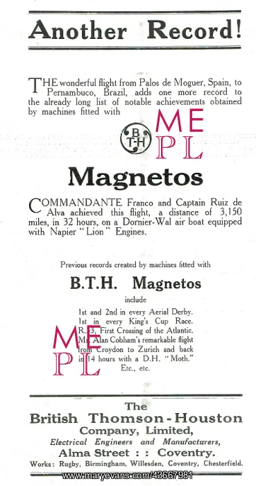 : BTH Magnetos Used For The Spain - Brazil Record Flight : BTH Magnetos Used For The Spain - Brazil Record Flight