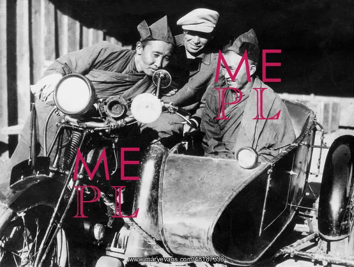 : Buddhist monks with motorcycle with sidecar, 1931 : Buddhist monks with motorcycle with sidecar, 1931