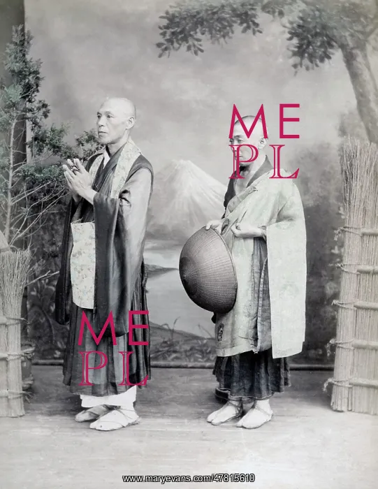 : Buddhist pilgrims, studio setting, Japan, c.1880's : Buddhist pilgrims, studio setting, Japan, c.1880's