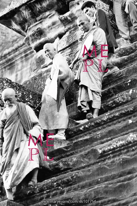 : Buddhist priests on steep stairs, Angkor Wat, Cambodia : Buddhist priests on steep stairs, Angkor Wat, Cambodia