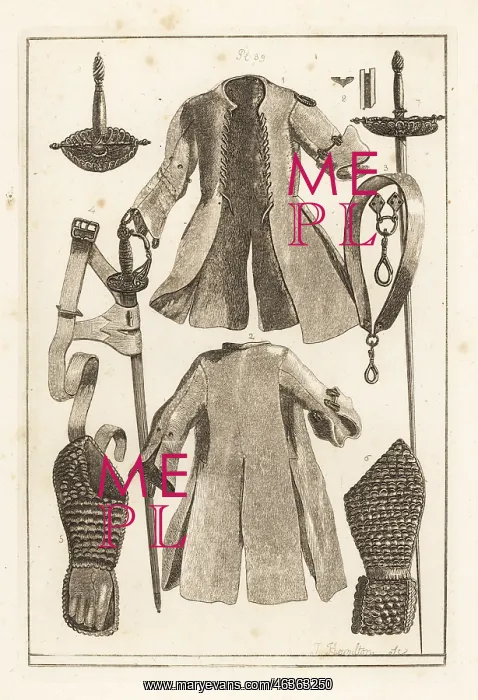 : Buff coat, belt, glove, with sword and hilt : Buff coat, belt, glove, with sword and hilt