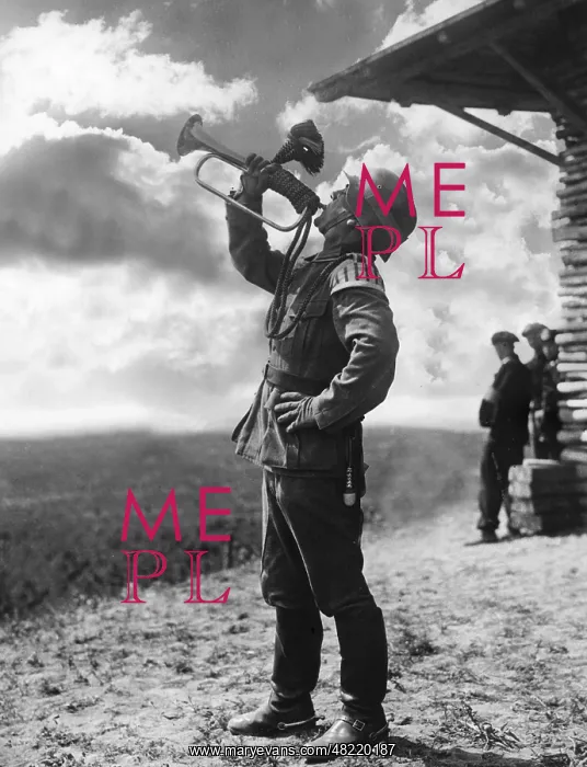 : Bugler blows a signal during a maneuver, 1938 : Bugler blows a signal during a maneuver, 1938