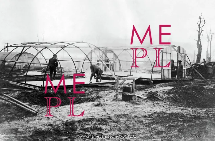 : Building Nissen huts for troops, Western Front, WW1 : Building Nissen huts for troops, Western Front, WW1