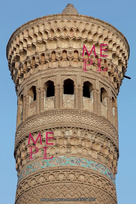 : Bukhara. Detail of decorative brickwork at the top of the Kalyan Minaret : Bukhara. Detail of decorative brickwork at the top of the Kalyan Minaret