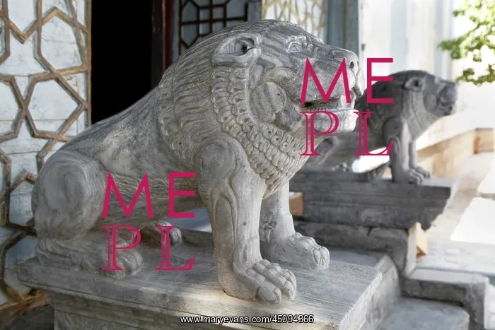 : Bukhara. Detail of two marble lions at the entrance to the main building of the palace : Bukhara. Detail of two marble lions at the entrance to the main building of the palace