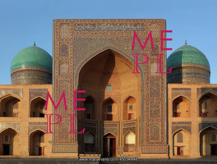 : Bukhara. View from the Kalyan mosque of the front facade of the Mir-i-Arab Madrasah : Bukhara. View from the Kalyan mosque of the front facade of the Mir-i-Arab Madrasah
