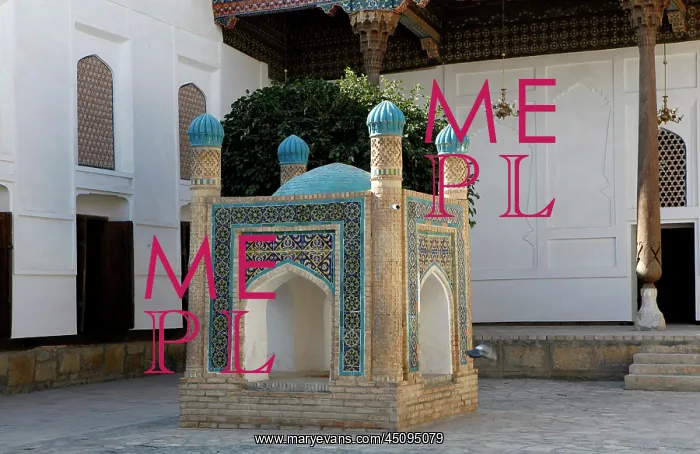: Bukhara. Low angle view of courtyard with shrine : Bukhara. Low angle view of courtyard with shrine