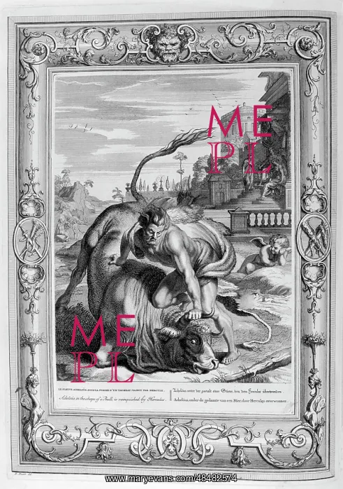 : The bull is killed by Hercules. Engraving from : The bull is killed by Hercules. Engraving from