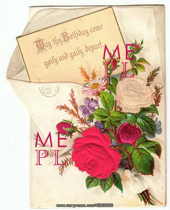  : Bunch of flowers with envelope on a fabric birthday card