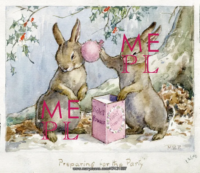 : Two bunnies in a whimsical Christmas card : Two bunnies in a whimsical Christmas card