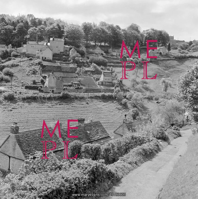 : Burleigh. View of houses on the side of a valley above terraced fields in Burleigh : Burleigh. View of houses on the side of a valley above terraced fields in Burleigh