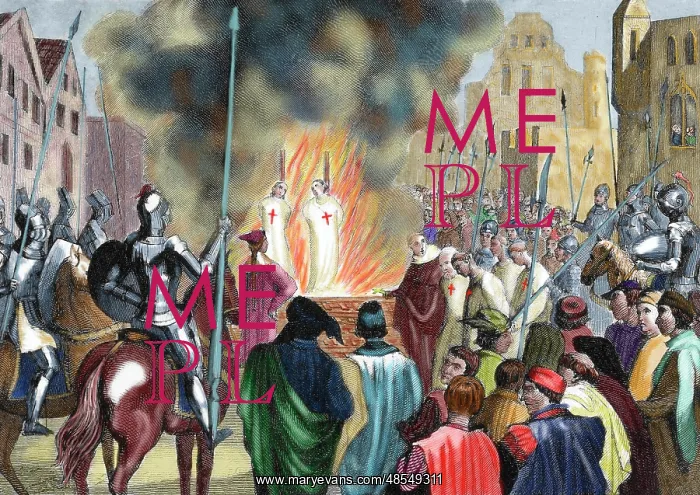 : Burning Templar in the 14th century. Colored engraving of 18 : Burning Templar in the 14th century. Colored engraving of 18