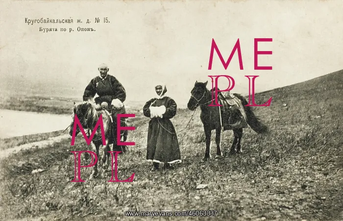 : Two Buryats with their horses, Siberia : Two Buryats with their horses, Siberia