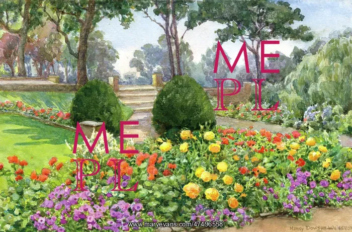 : Buscot Park flower beds, trees, path, steps : Buscot Park flower beds, trees, path, steps
