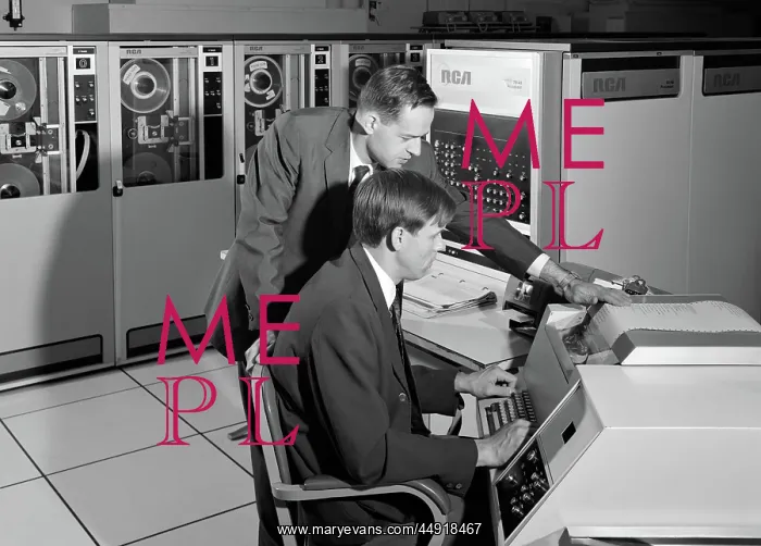 : Two businessman programming large mainframe computer : Two businessman programming large mainframe computer