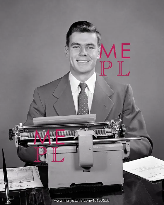 : Businessman Seated at Typewriter Smiling Looking : Businessman Seated at Typewriter Smiling Looking