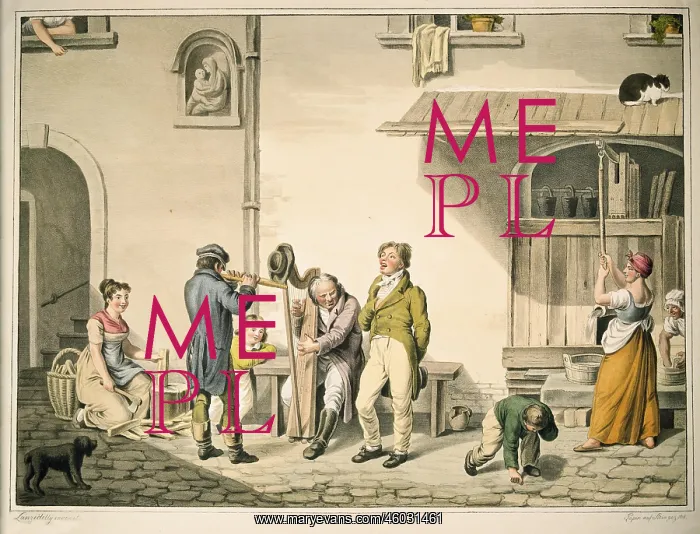 : Buskers, in the backyard of a house. Coloured lithograph by Joseph Lanzedelli. 1818 : Buskers, in the backyard of a house. Coloured lithograph by Joseph Lanzedelli. 1818