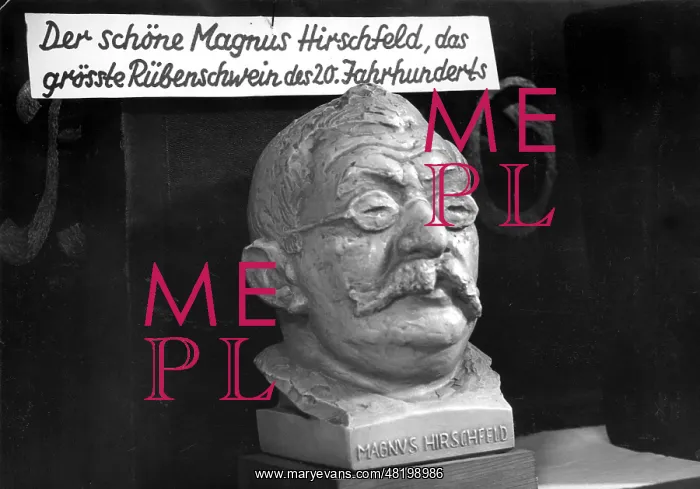 : Bust of Magnus Hirschfeld with anti-Semitic propaganda, 1934 : Bust of Magnus Hirschfeld with anti-Semitic propaganda, 1934
