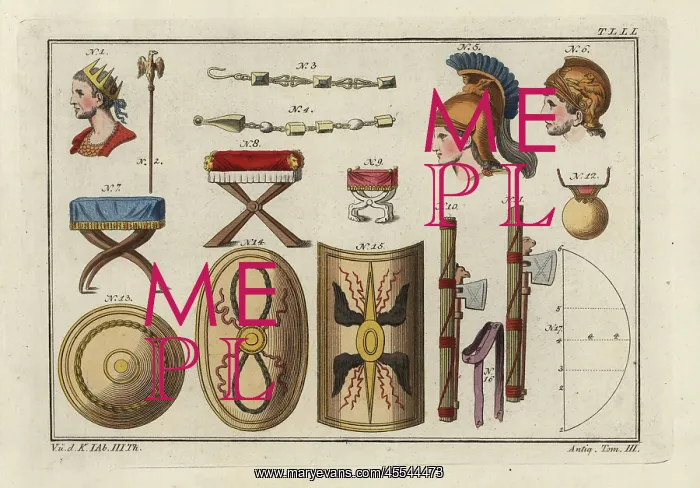 : Bust of Trajan, Roman scepter, chains, helmets : Bust of Trajan, Roman scepter, chains, helmets