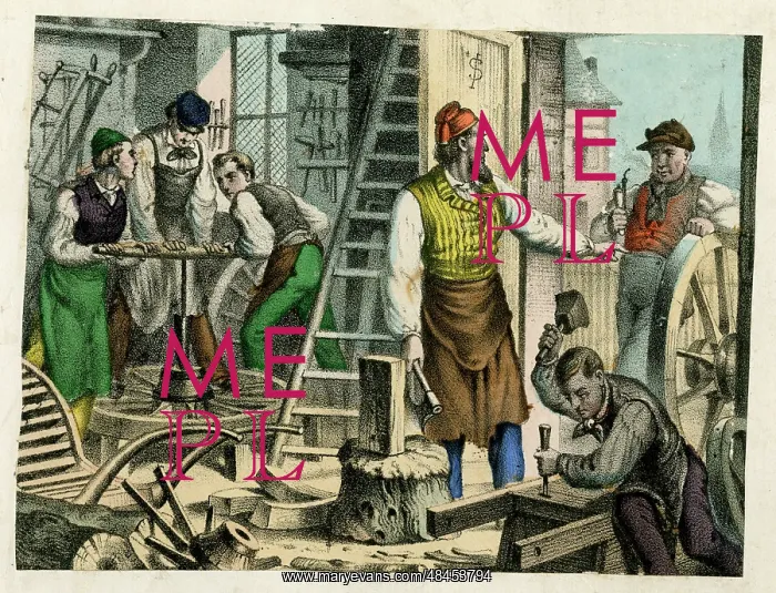  : Busy scene in a wheelwright's workshop