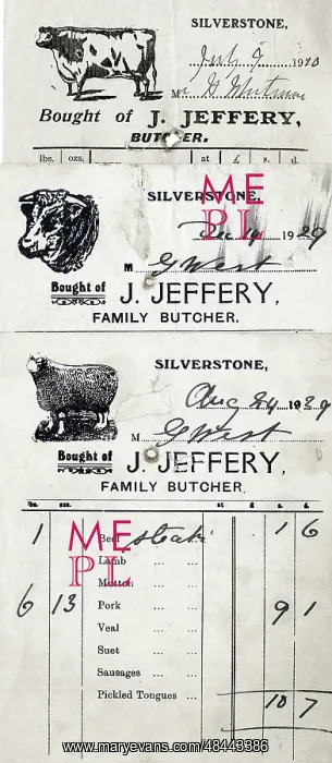 : Butcher's receipts, J Jeffery, Silverstone, Northants : Butcher's receipts, J Jeffery, Silverstone, Northants