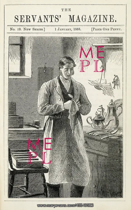 : Butler in his pantry, polishing the silver : Butler in his pantry, polishing the silver