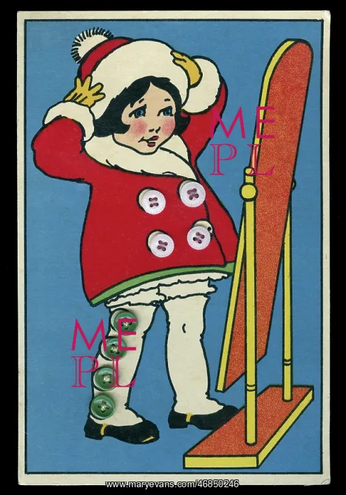 : Button card with little girl and mirror : Button card with little girl and mirror