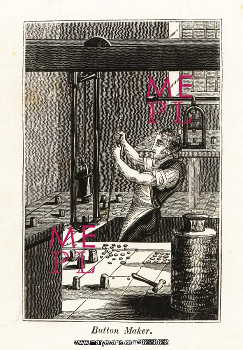 : Buttonmaker raising a weight on a pulley to stamp buttons : Buttonmaker raising a weight on a pulley to stamp buttons