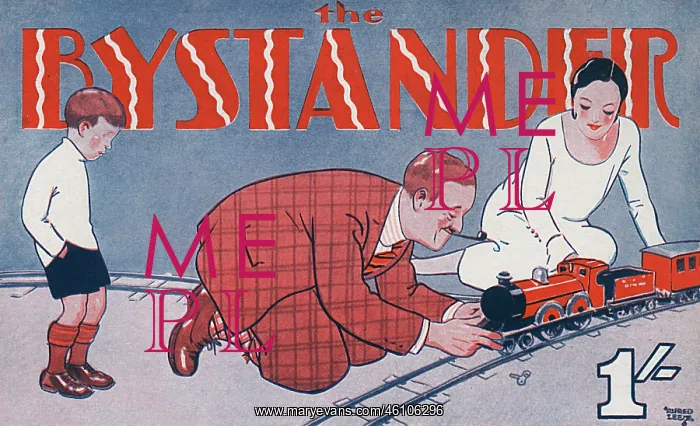 : Bystander masthead 1929, playing with train set : Bystander masthead 1929, playing with train set
