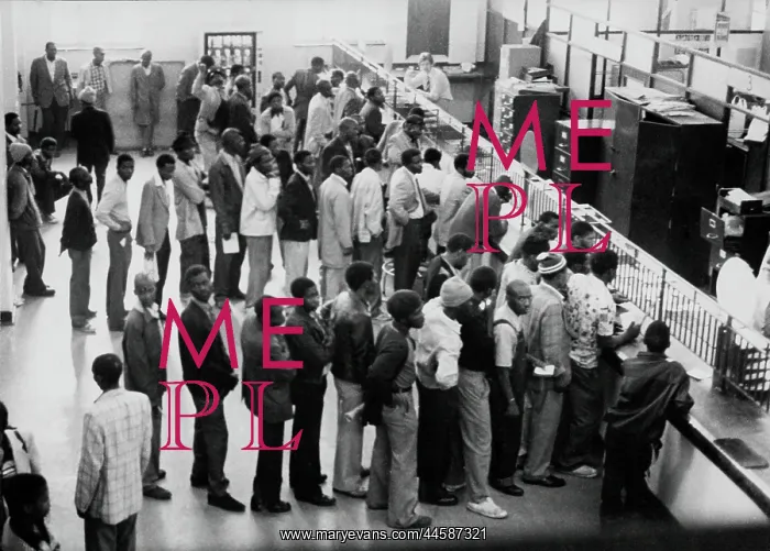 : c. 1980. Men queue for passes at Albert Street : c. 1980. Men queue for passes at Albert Street