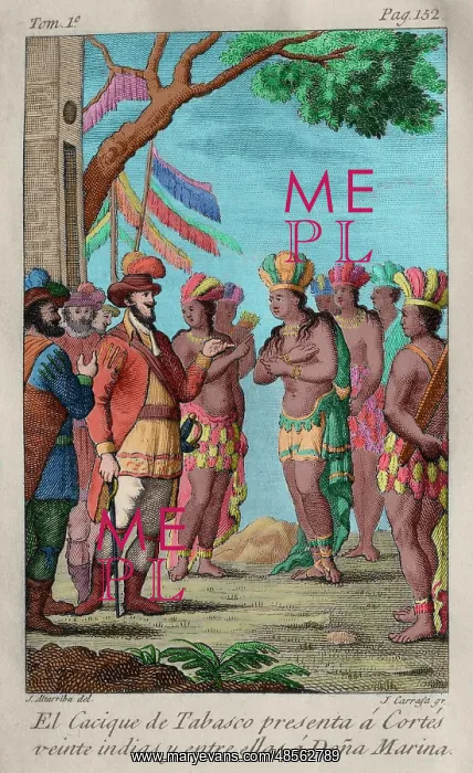 : The cacique of Tabasco presents to Hernan Cortes twenty Indi : The cacique of Tabasco presents to Hernan Cortes twenty Indi