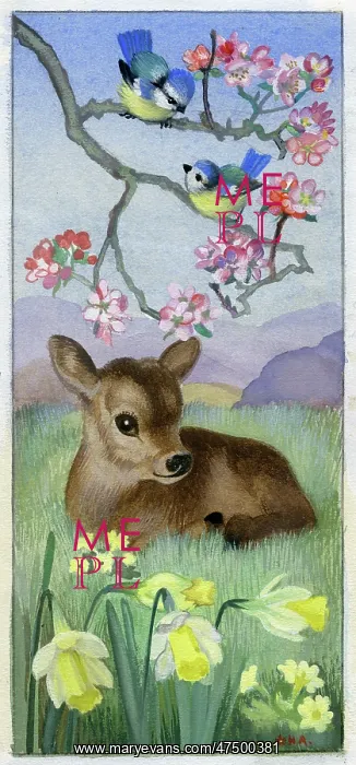 : Calf with blue tits and daffodils : Calf with blue tits and daffodils