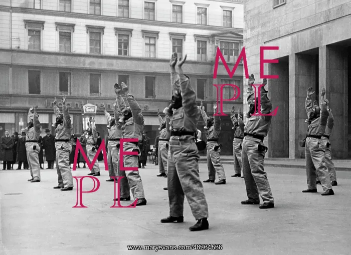 : Calisthenics in gas mask, 1937 : Calisthenics in gas mask, 1937