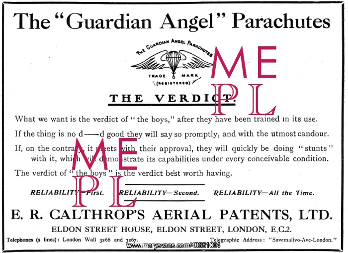 : Calthrop Guardian Angel Parachute 1917 : Calthrop Guardian Angel Parachute 1917