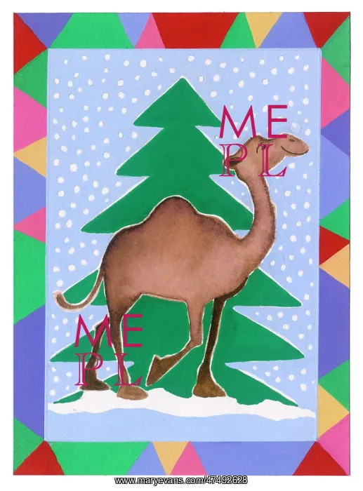 : Camel walking in front of Christmas tree : Camel walking in front of Christmas tree