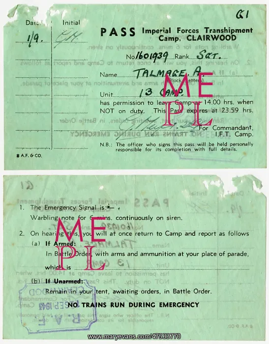 : Camp Clairwood pass 1943 : Camp Clairwood pass 1943