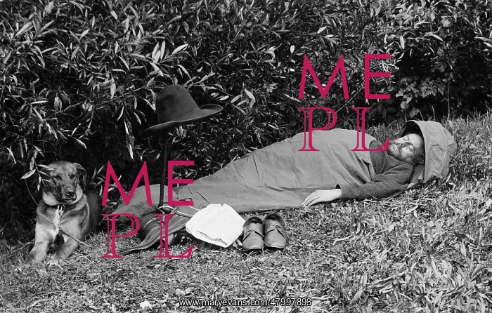 : Camper in a sleeping bag, 1905 : Camper in a sleeping bag, 1905