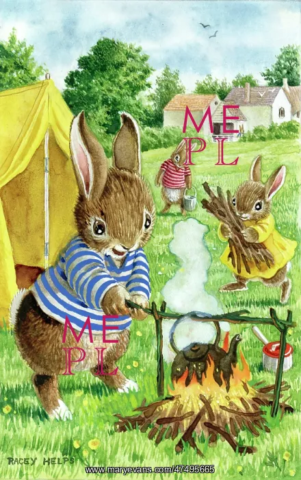 : The Campers - rabbits with tent and fire : The Campers - rabbits with tent and fire