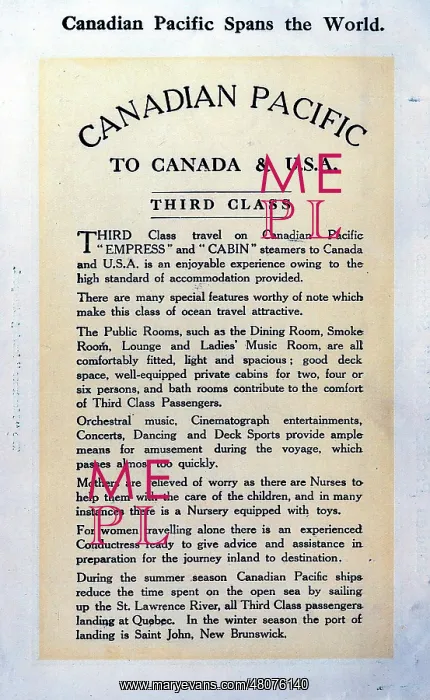 : Canadian Pacific to Canada and USA, Third Class : Canadian Pacific to Canada and USA, Third Class