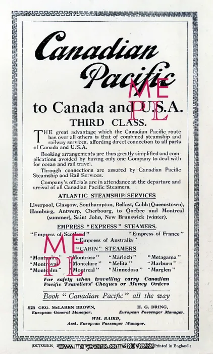 : Canadian Pacific to Canada and USA, Third Class : Canadian Pacific to Canada and USA, Third Class