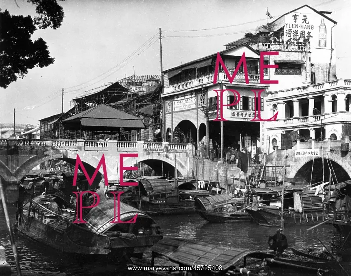 : Canal and Bridge, Canton, China, c. 1910 : Canal and Bridge, Canton, China, c. 1910