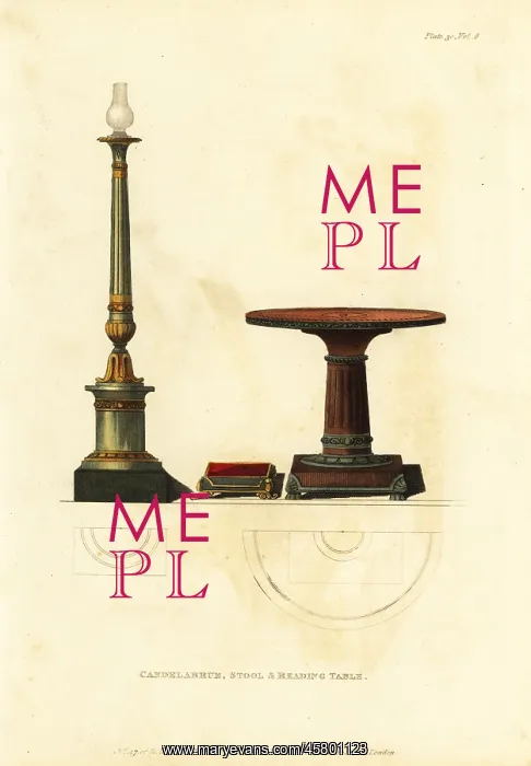: Candelabrum, stool and reading table, 1812 : Candelabrum, stool and reading table, 1812