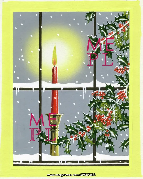: Candle by window with falling snow : Candle by window with falling snow