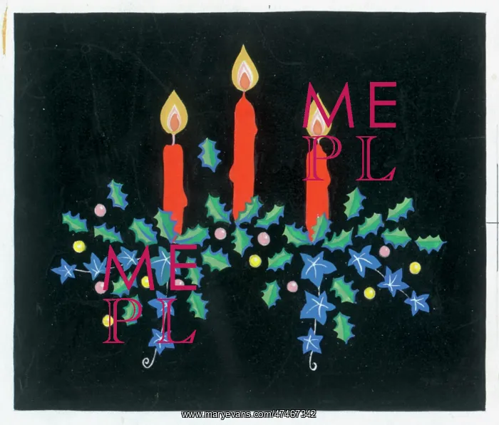 : Three candles with holly and ivy sprays : Three candles with holly and ivy sprays