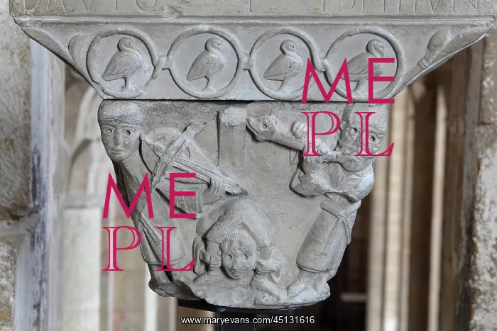 : Capital with musicians, Abbatiale Sainte-Foy : Capital with musicians, Abbatiale Sainte-Foy