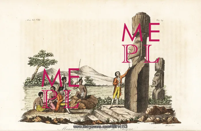 : Captain James Cook examining the Moai statues : Captain James Cook examining the Moai statues
