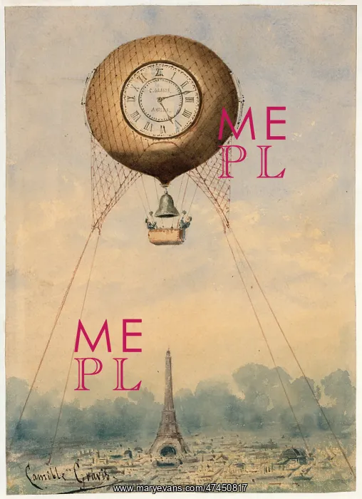 : Captive balloon with clock face and bell, floating above the : Captive balloon with clock face and bell, floating above the